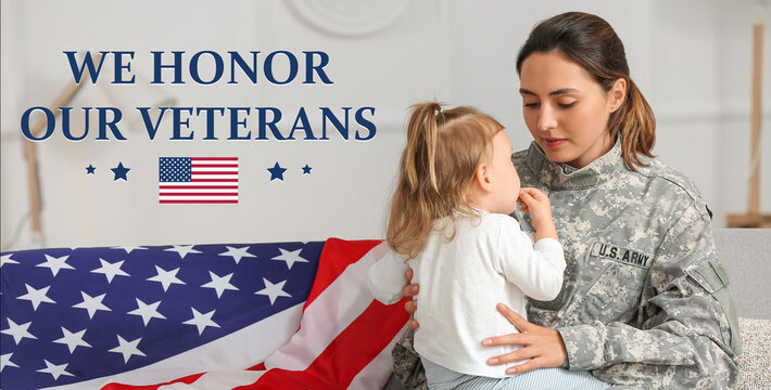 Banner for American Veterans Day with female soldier and her little daughter