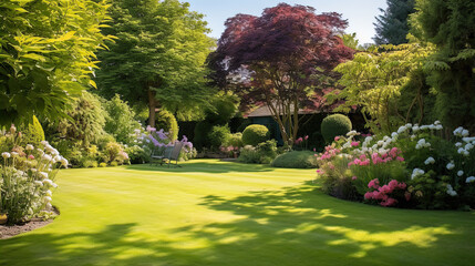 English style garden with scenic view of freshly mowed lawn flower bed and leafy trees