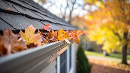 gutter guard struggling to contain autumn leaf buildupgutter guard struggling to contain autumn leaf buildup - obrazy, fototapety, plakaty