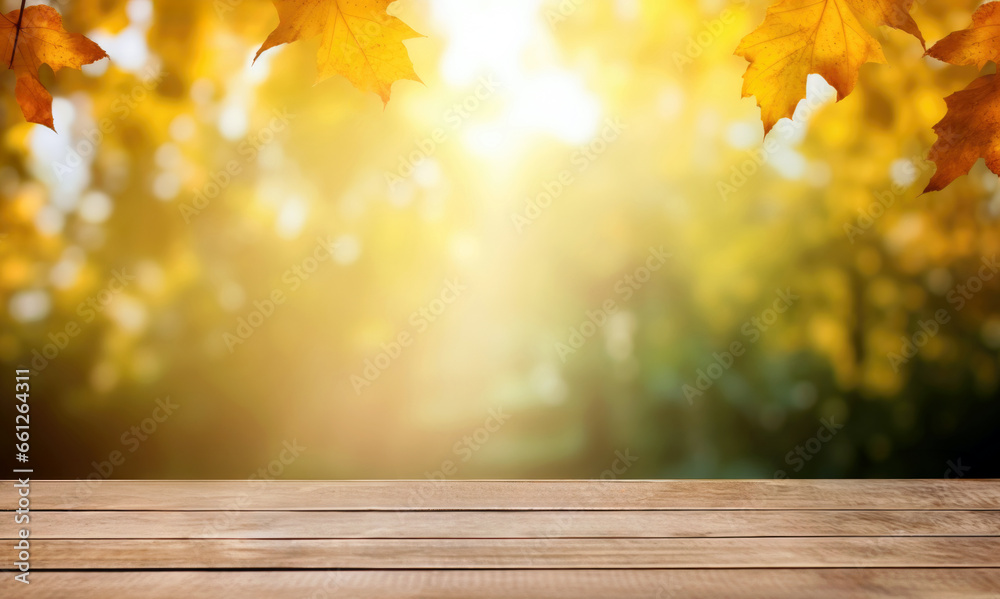 Aufkleber wooden table in front of blurred autumn forest with maple leaf background. high quality photo