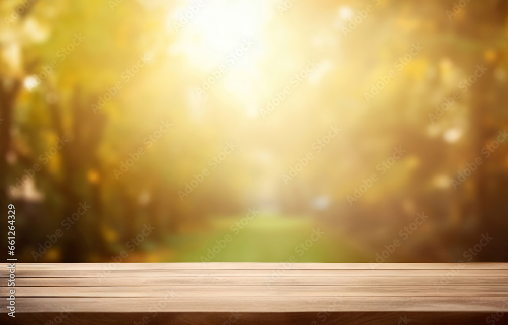 Aufkleber wooden table in front of blurred autumn forest background with bokeh effect sunshine. high quality p