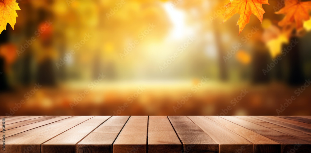 Poster empty wooden table over blurred autumn nature background. ready for product display montage. high qu