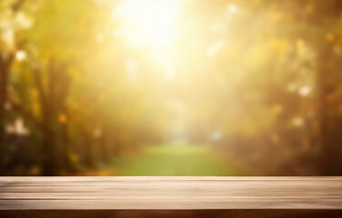 Naklejka na ściany i meble Wooden table in front of blurred autumn forest background with bokeh effect sunshine. High quality photo