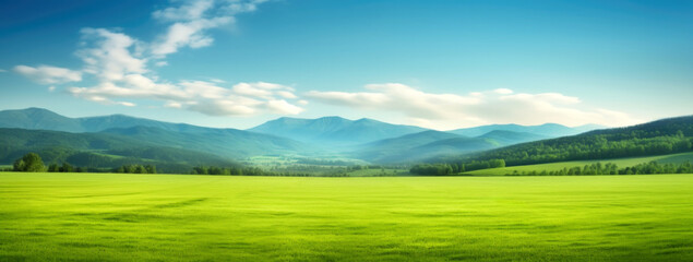 Panoramic landscape of green meadow and blue sky with clouds. High quality photo