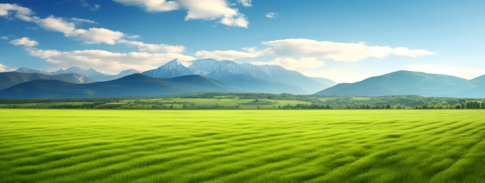Beautiful panoramic landscape of green meadow and mountains in the background. High quality photo