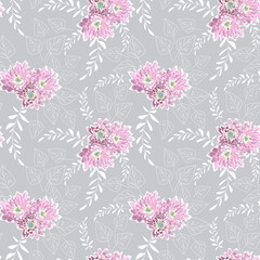 Seamless delicate floral pattern. Pink, white flowers and leaves on a light gray background.