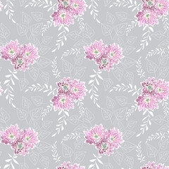 Seamless delicate floral pattern. Pink, white flowers and leaves on a light gray background.