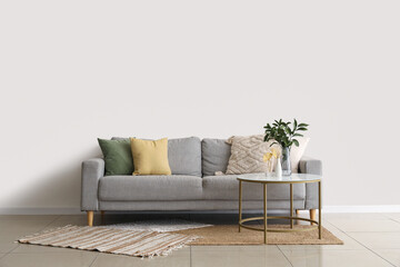 Cozy grey sofa with cushions and plant branches in vase on table near light wall