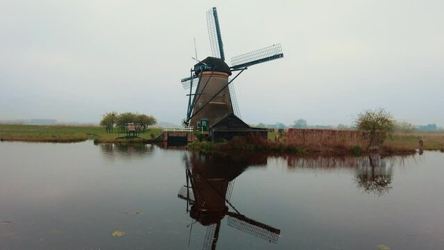 famous Dutch old-fashioned windmill site in Kinderdijk the Netherlands