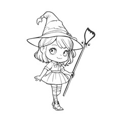 Happy young cute witch girl with broomstick sketchbook cartoon style illustration. Long curly hair and big anime style eyes. Halloween relative smiling character