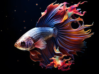 Fototapeta premium Capture the moving moment of blue siamese fighting fish on black background. colorful Betta fish.