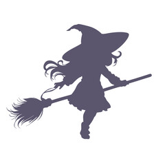 Obraz premium Young cute witch girl with broomstick sketchbook cartoon style silhouette. Long curly hair and big anime style eyes. Halloween relative smiling character