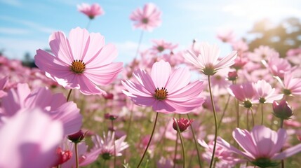 Fototapeta na wymiar In a garden, lovely cosmos flowers are blooming.
