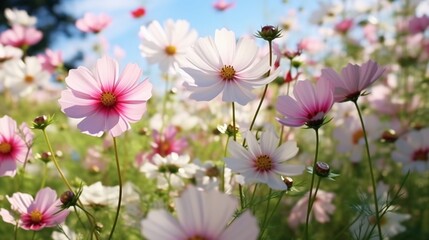 In a garden, lovely cosmos flowers are blooming.