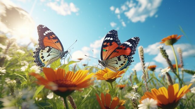 In the manner of naturalist aesthetic, animal images, two butterflies soaring through a field of June flowers