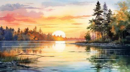 Foto op Canvas In this watercolor painting, the sunrise is reflected in the still lake waters. © Anmol