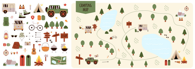 Camping and Hiking map creator. Set of flat cartoon elements for constructing summer camp activity. Vector nature clipart with mountains, lakes, trees for hiking or campfire plan. Flat illustration - obrazy, fototapety, plakaty
