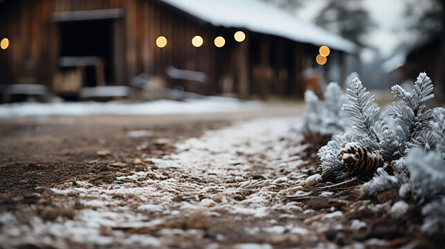 Extreme low angle shot - barn - farm - Christmas - winter - snow - country - rustic- blurred background - festive - vacation - holiday travel - getaway 