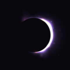 Sun eclipse concept. Light purple moon glow background. Solar or planet eclipse in dark space. Hot star surface flare with rays and beams effects. Vector crescent illustration © vika_k