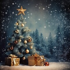 green christmas tree next to gift boxes