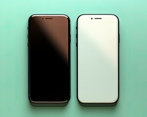 two black and white smartphones on a green background, in the style of flat backgrounds, pastel palette, dark white and teal, rounded, sparse and simple, soft-edged, flat