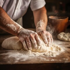 baker kneading a ball of white dough with his two hands and greased arms