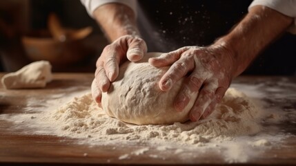 Fototapeta premium man kneading dough with his two flour-coated hands