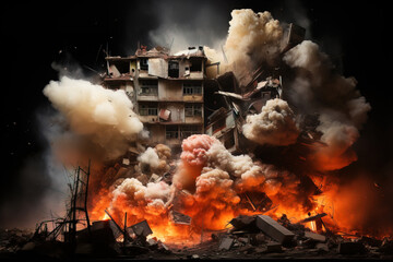 apartment building being destroyed by a missile attack. fireball dust debris. war.