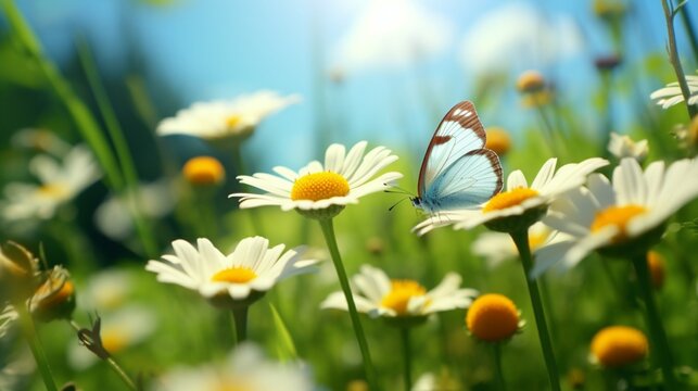 On a meadow's daisy blossoms, a tiny butterfly. artistic, touching image.