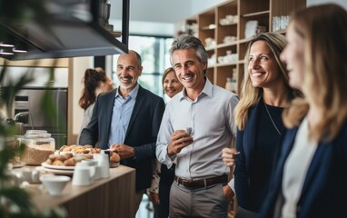 Group of men and women enjoying a coffee break in office pantry in the morning - obrazy, fototapety, plakaty