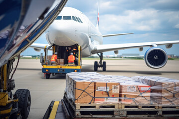 Close up of loading of goods on board an airplane at outside for travelers in background of the airport. Working concept of distribution and transportation. - obrazy, fototapety, plakaty