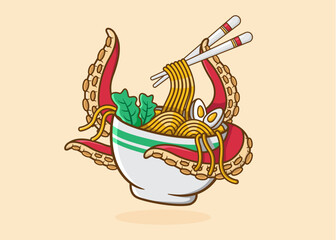 Octopus monster with ramen noodles Cartoon Illustration © Hary