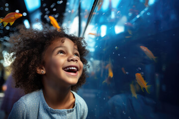 little kid looking at a big aquarium with fishes