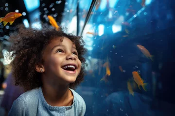 Fotobehang little kid looking at a big aquarium with fishes © Kien