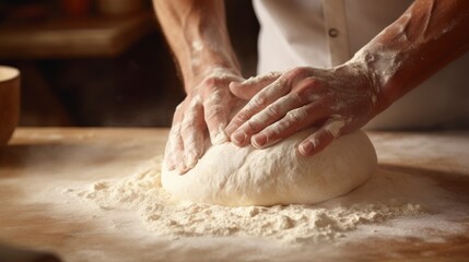 Fototapeta premium man kneading dough in a bakery