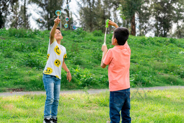 Two children in the park playing with soap bubbles.