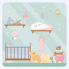 Fototapeta premium Nursery or newborn baby room interior vector illustration. Cartoon drawing of baby crib, cute toys and clothes on floor and shelves, colorful furniture. Baby care, childhood, interior concept