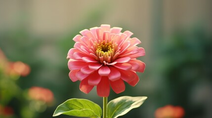 a pink zinnia blossom in close-up on a natural-colored, hazy background.