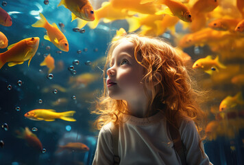 little kid looking at a big aquarium with fishes