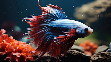 Beautiful Betta fish with long fins, Red blue and white color scheme.