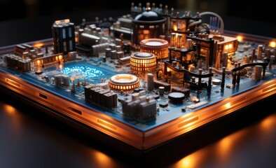 the concept of electronic circuit board, in the style of light orange and azure, magewave, highly polished surfaces, dark gold and crimson, computer-aided manufacturing, miniaturecore, iso 200