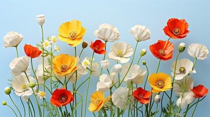 Red, yellow, and white poppies on a light blue background make up this lovely springtime colorful natural flower background.