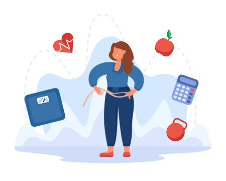 Happy woman measuring waist with tape vector illustration. Healthy food, fruits, fitness exercises with dumbbell helping lose inches and achieve goal. Health care, beauty routine concept