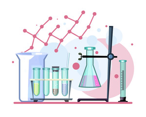 Laboratory setting for scientific research vector illustration. Test tubes, lab equipment, breakers for scientific breakthrough and cancer cure development. Education, science, medicine concept