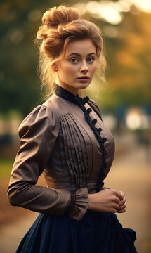 Portrait of a 1900 young woman, Autumn time - Generative AI
