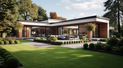 Fototapeta na wymiar View of luxurious modern house exterior with dining space and garden