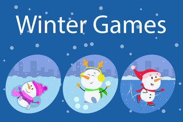 Fototapeta na wymiar Comic snowman playing winter games vector illustrations set. Drawings of snowman characters skating, playing snowballs, doing snow angel. Christmas or New Year, winter holidays, entertainment concept