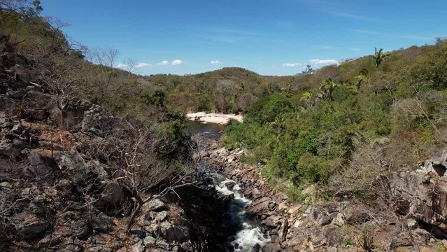 drone view Funil do Rio preto, Tocantinzinho river, beach with river, Colinas do Sul, Goi&aacute;s, Brazil