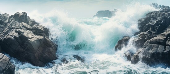 Waves forcefully hitting rocks - obrazy, fototapety, plakaty