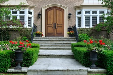 Flagstone steps leading to elegant wood grain double front door of house
